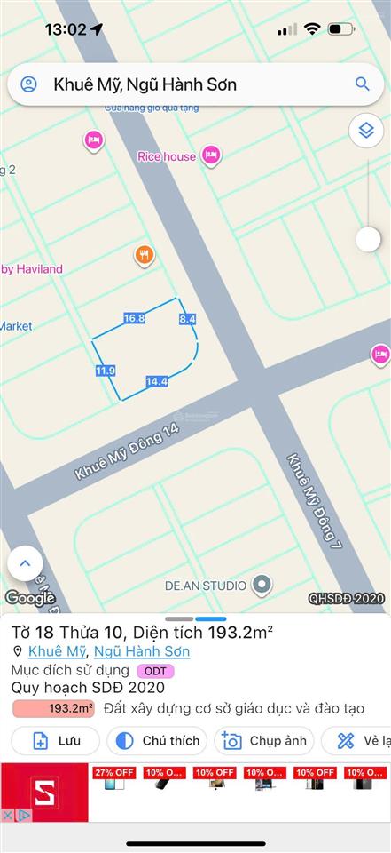 Bán lô đất 2 mặt tiền đường khuê mỹ đông 14  193m2  ngang 12m.  0905 982 ***