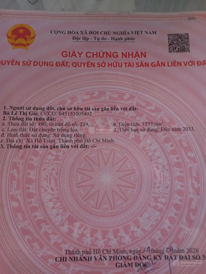 Cần bán đất diện tích lớn giá chỉ 1,35 tỷ tại hồ tràm, hồ chí minh