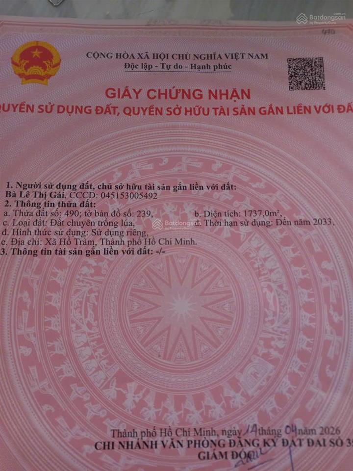 Cần bán đất diện tích lớn giá chỉ 1,35 tỷ tại hồ tràm, hồ chí minh
