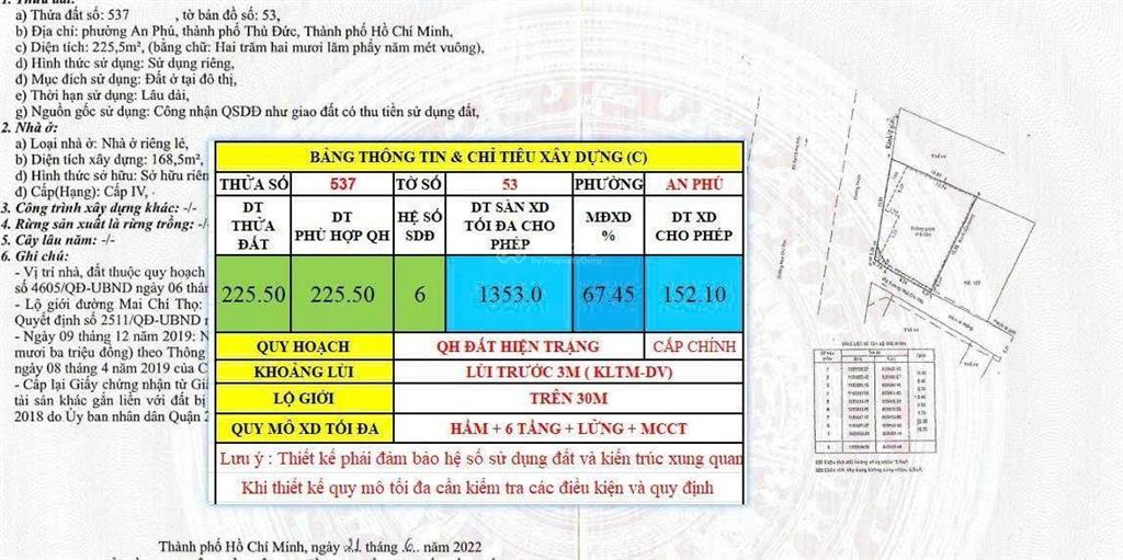 Đất mặt tiền 123 mai chí thọ ngay nút giao an phú, quận 2 (15x15) ctxd hầm 7 tầng, giá 330tr/m