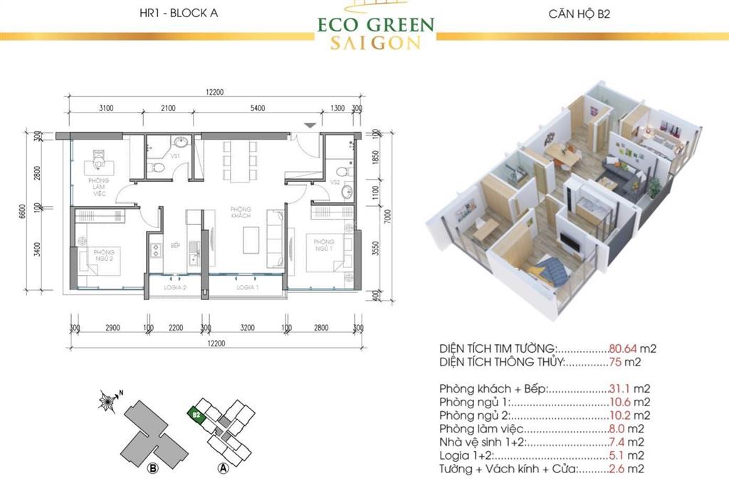 Bán căn hộ eco green sài gòn, 7,2 tỷ vnd, 80m2, 3pn, 2wc, hướng tây bắc