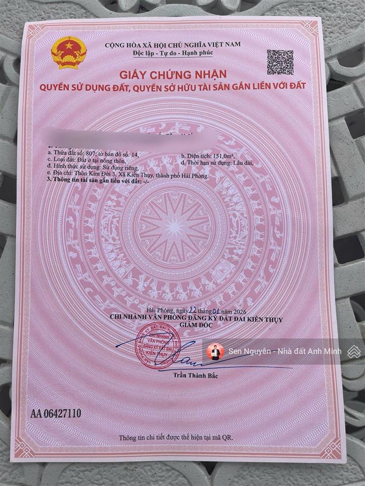 Bán lô đất tại kim đới 3  hữu bằng  kiến thụy  hải phòng