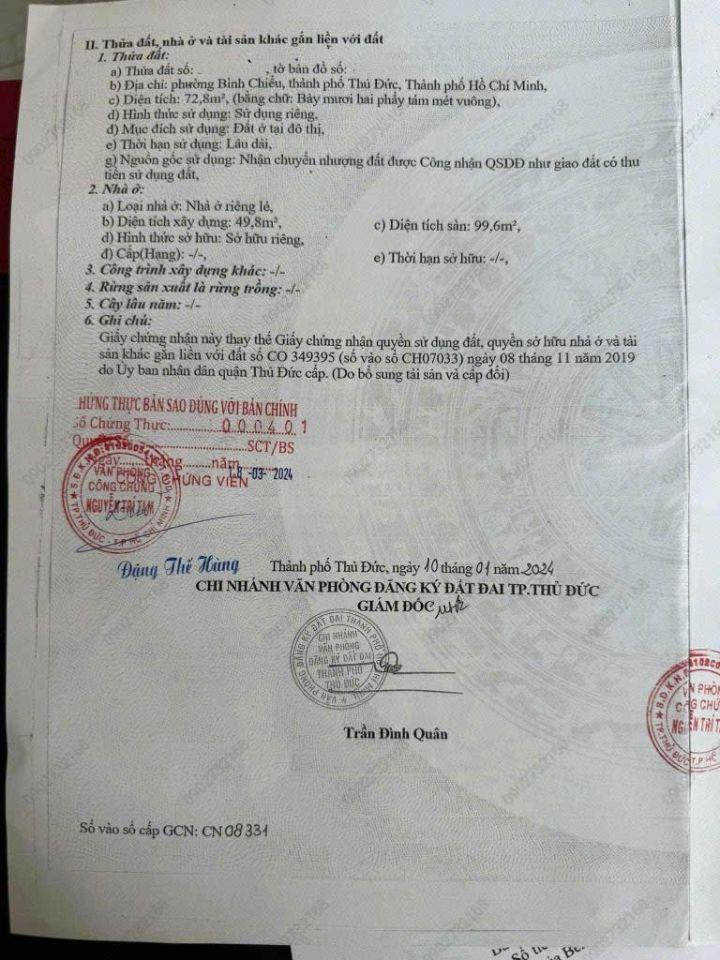 BÁN NHÀ HẺM XE HƠI BÌNH CHIỂU, 3PN 3WC KO QUY HOẠCH KO LỘ GIỚI