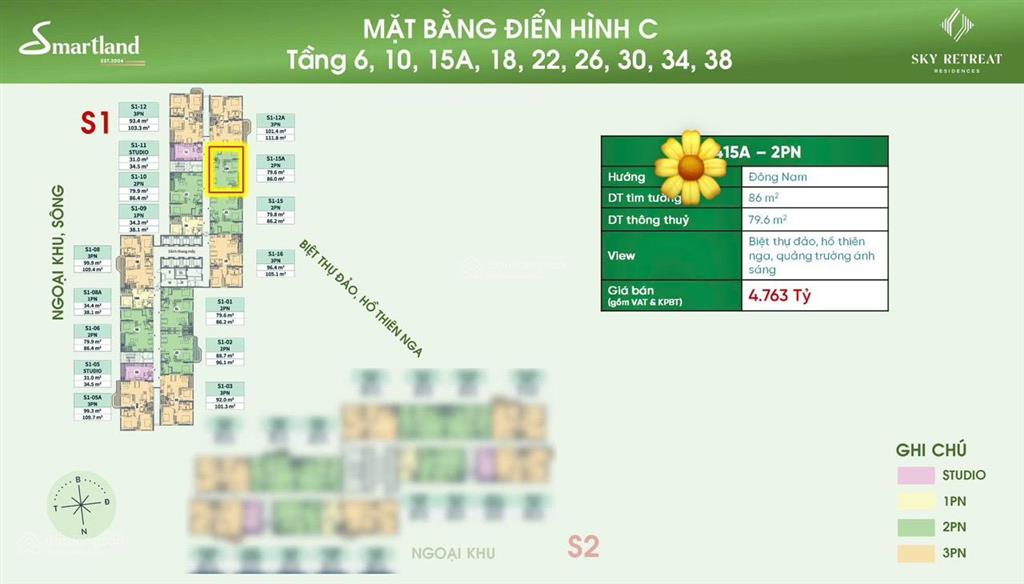 Sky retreat 86m2 2pn 2wc,hướng mát, view trọn đời biệt thự đảo, hồ thiên nga, 3 quảng trường 3ha