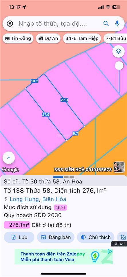 Bán lô biệt thự 276m2 phường long hưng gần khu du lịch sơn tiên giá bán 6 tỷ (thương lượng)