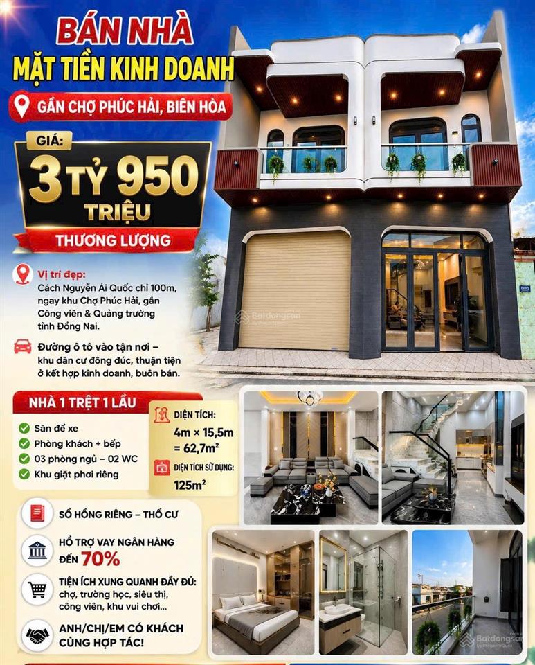 3 tỷ 950tr  bán nhà phố 1 trệt 1 lầu gần chợ phúc hải tp. biên hòa