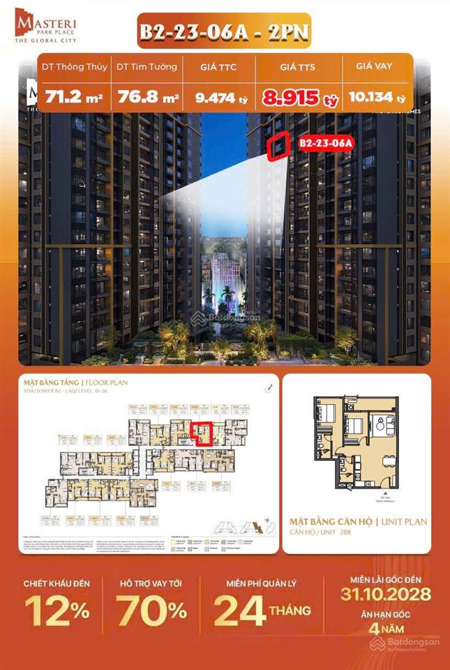 Căn 2pn masteri park place 9.25 tỷ allin thanh toán giãn đến 2028.  0908 285 ***