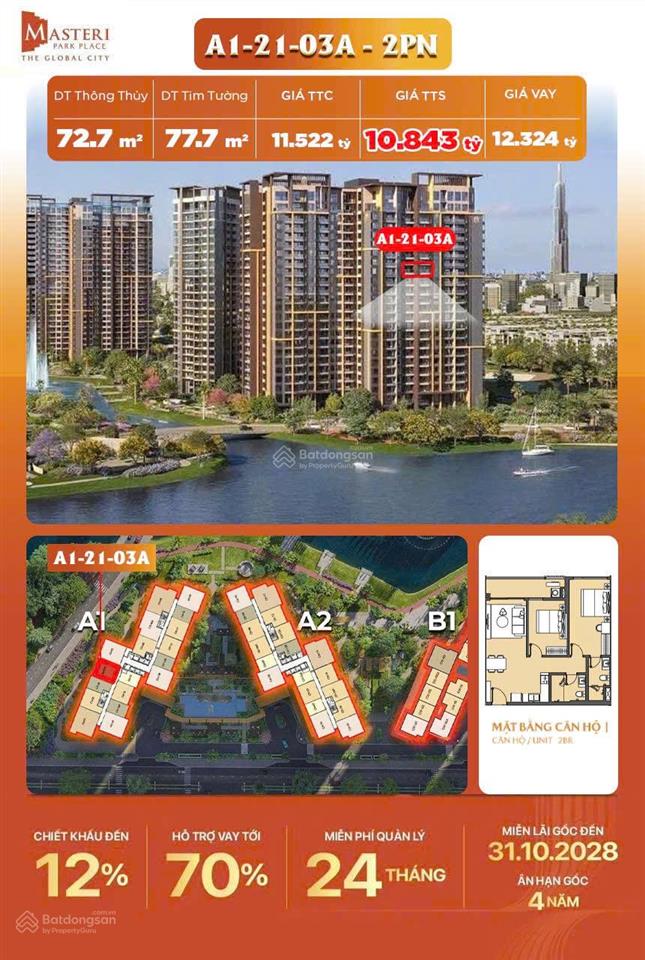 Căn 2pn masteri park place 9.25 tỷ allin thanh toán giãn đến 2028.  0908 285 ***