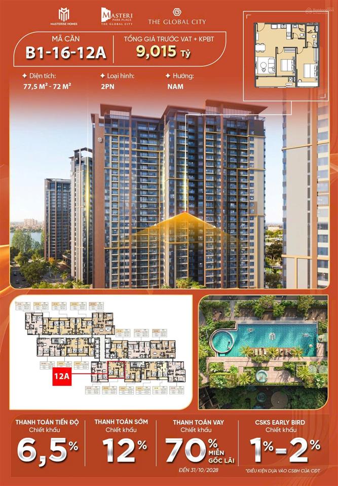 Căn 2pn masteri park place 9.25 tỷ allin thanh toán giãn đến 2028.  0908 285 ***