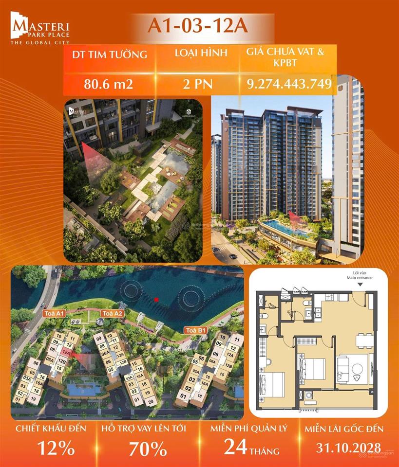 Căn 2pn masteri park place 9.25 tỷ allin thanh toán giãn đến 2028.  0908 285 ***
