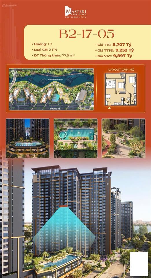 Căn 2pn masteri park place 9.25 tỷ allin thanh toán giãn đến 2028.  0908 285 ***