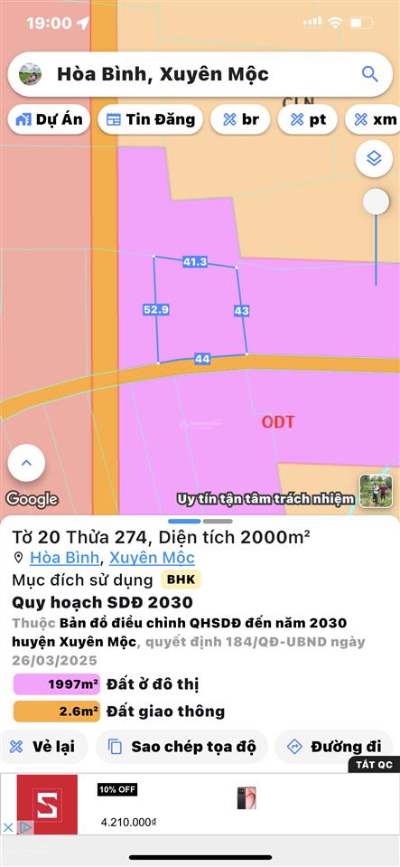 2000m2 xã hoà bình huyện xuyên mộc vũng tàu cũ (tphcm mới) ngang 44 dài 52m full hồng giá 2,3 tỷ