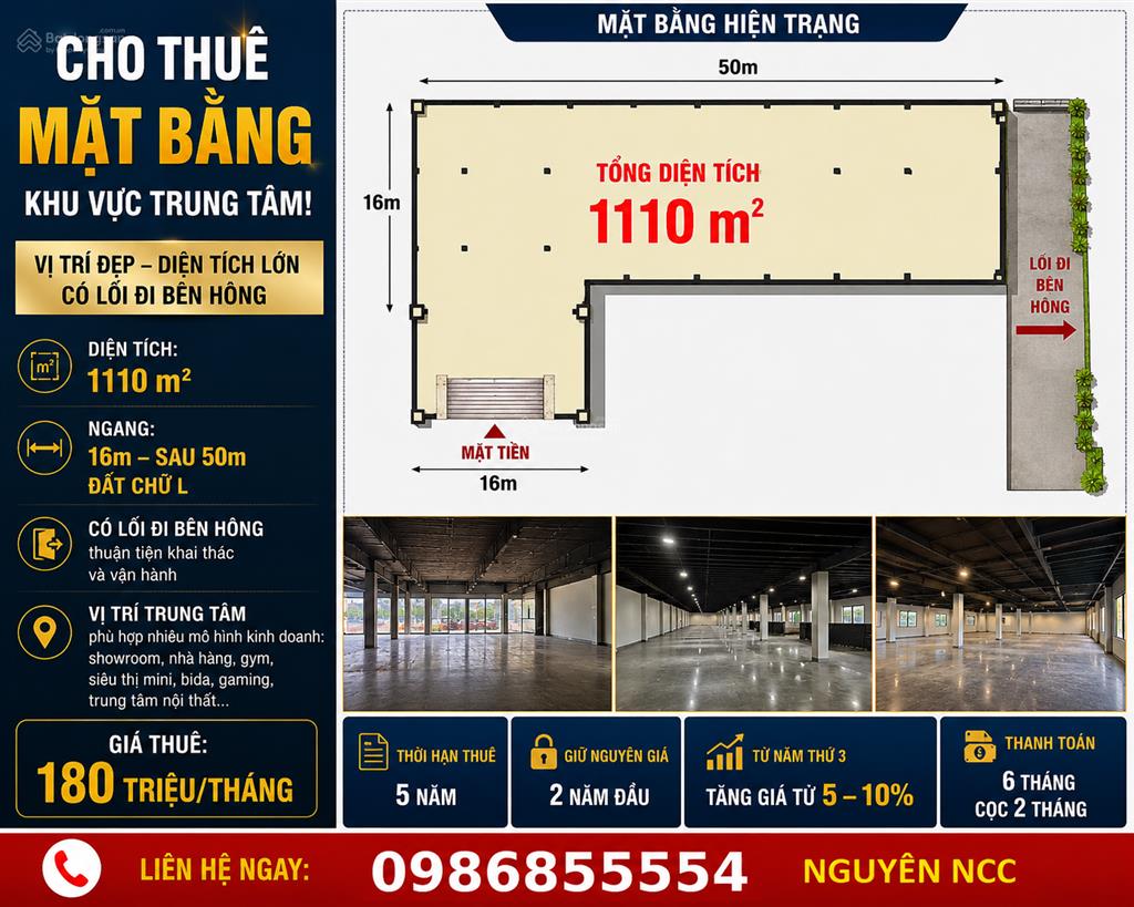 Cho thuê mặt bằng 1100m2  trung tâm diện tích lớn  bề ngang 16m