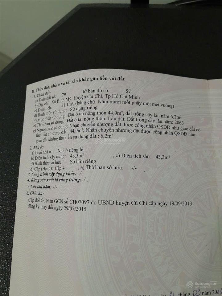 Mặt tiền đường bình mỹ củ chi hcm. hiện trạng nhà cấp 4. có gác lửng. dt 4x13m. nhà đã hoàn công
