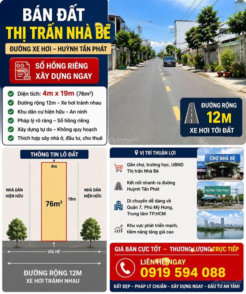 Bán lô đất 4x19, thị trấn nhà bè, đường 12m, sổ hồng, xd ngay
