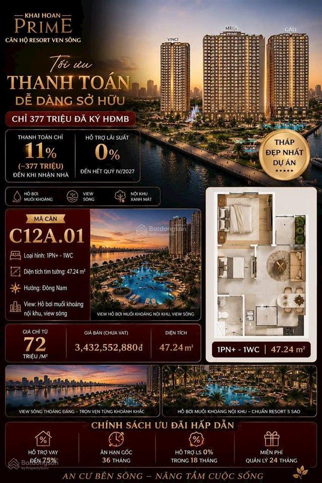 Bán căn hộ khải hoàn prime 47m, 1pn+, 1wc chỉ cần thanh toán 11% đến Khi nhận nhà.