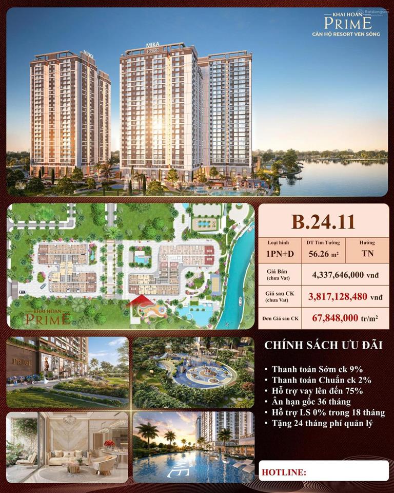 Bán căn hộ khải hoàn prime 47m, 1pn+, 1wc chỉ cần thanh toán 11% đến Khi nhận nhà.