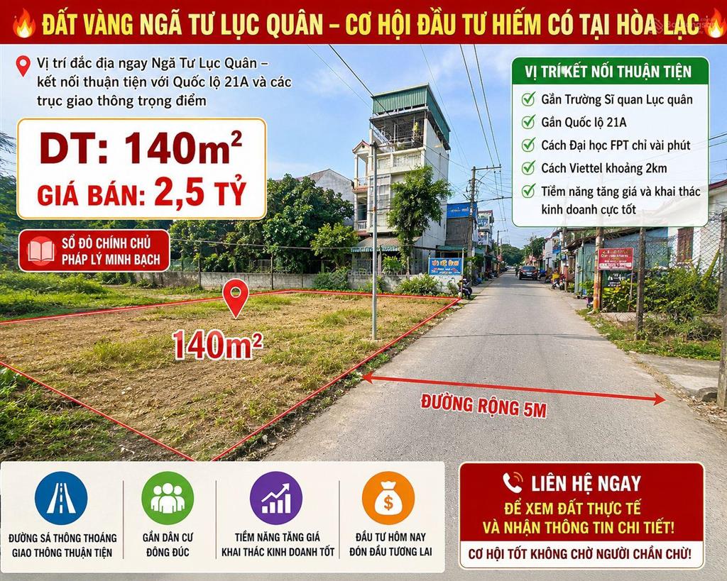 Đất vàng ngã tư lục quân cơ hội đầu tư hiếm có tại hòa lạc dt 140m². 2,5 tỷ vị trí tiềm năng
