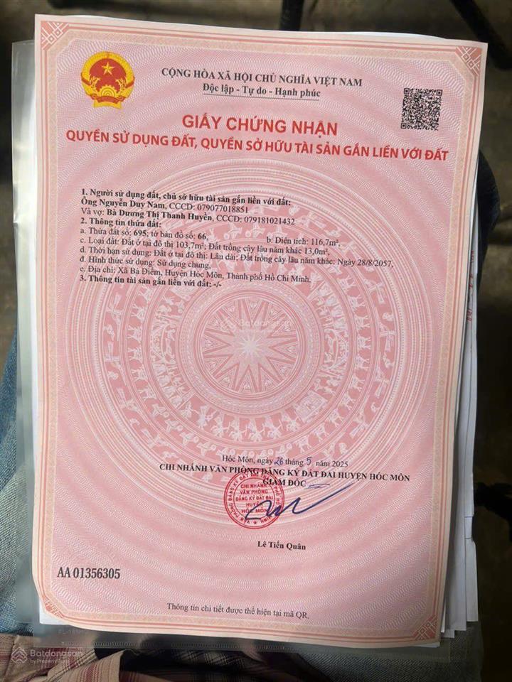 Bán đất hẻm đường phan văn đối, gần chợ bà điểm 103.7m2 thổ cư giá 4.56 tỷ