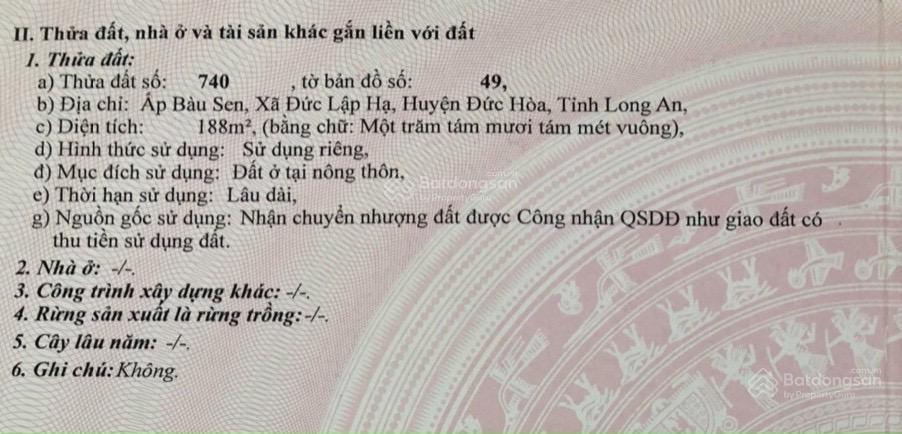 Bán đất bàu sen full thổ cư 100% đức lập (long an), 4 tỷ vnd, 379 m2 chính chủ (sổ ngoài)