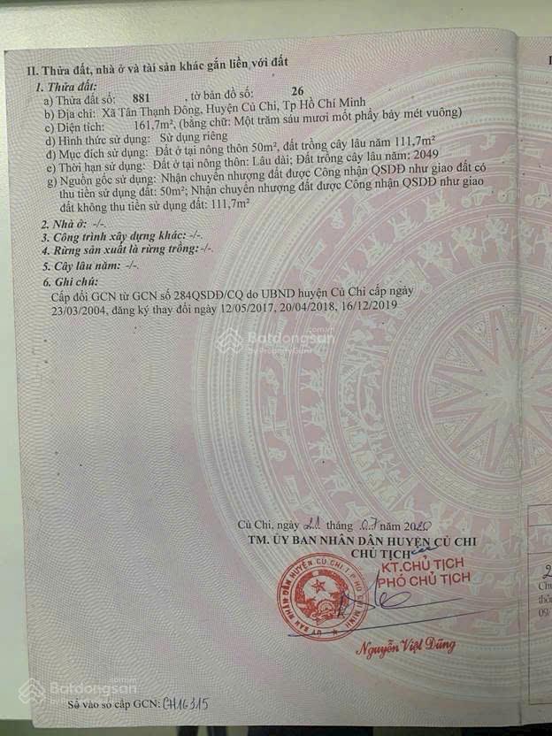 Cc bán đất, 161.7m2, sổ đỏ, giá chỉ 2,5 tỷ có thương lượng xã tân thạch đông củ chi
