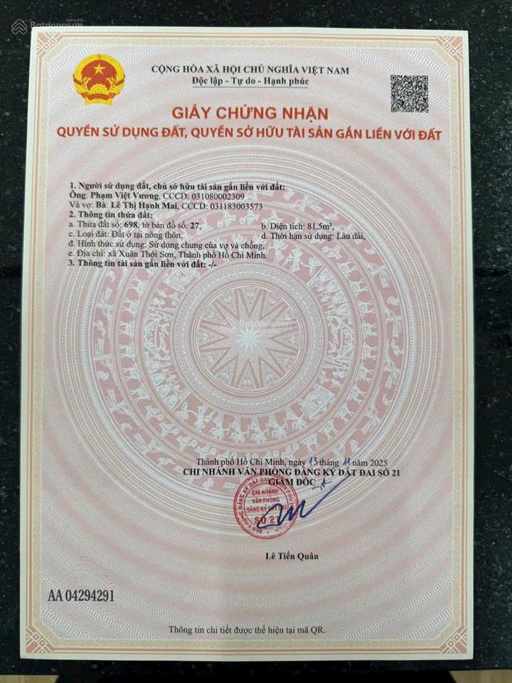 Bán lô đất thổ cư  xuân thới sơn 11  gần vinhomes hóc môn 112,7 m2, 2,95 tỷ