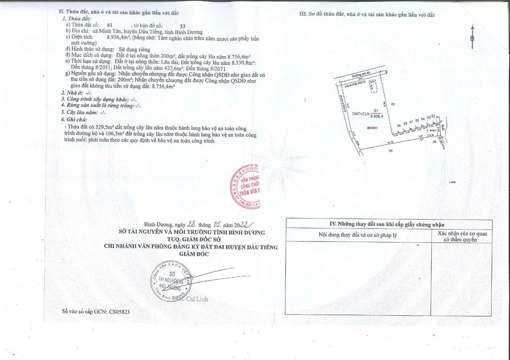 Qsdđ tại thửa đất số 61, tờ bản đồ số 33, xã minh tân, huyện dầu tiếng, tỉnh bình dương