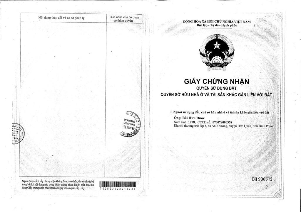 Qsdđ thửa đất số 124, tờ bản đồ số 22, ấp 4, xã minh lập, chơn thành, tỉnh bình phước