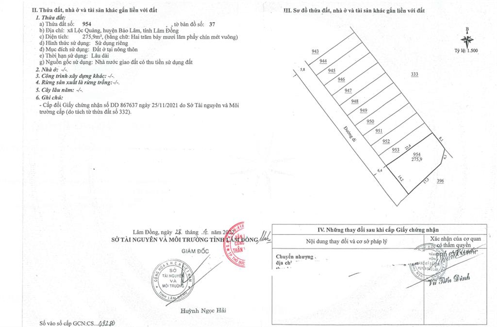 Qsdđ thửa đất số 954, tờ bản đồ số 37, địa chỉ xã lộc quảng, huyện bảo lâm, tỉnh lâm đồng