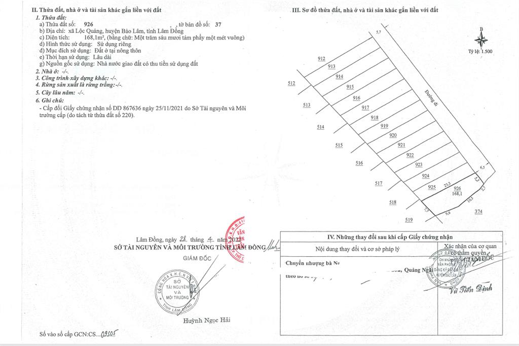 Qsdđ thửa đất số 926, tờ bản đồ số 37, địa chỉ xã lộc quảng, huyện bảo lâm, tỉnh lâm đồng