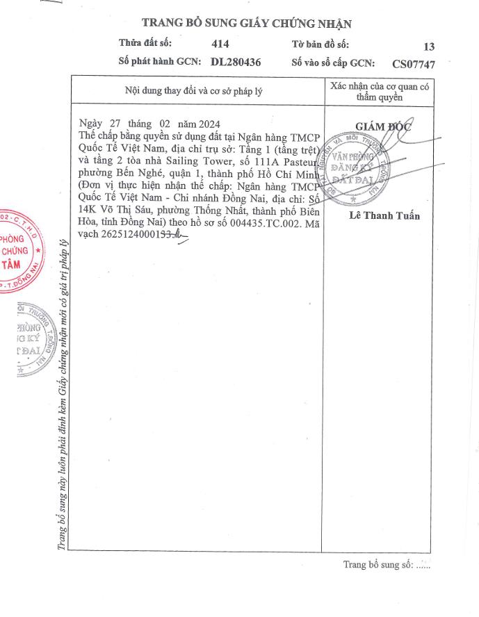 Qsdđ thửa đất số 414, tờ bản đồ số 13, địa chỉ xã thanh bình, huyện trảng bom, tỉnh đồng nai