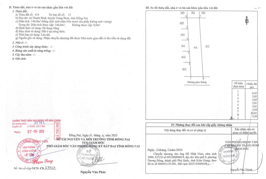 Qsdđ thửa đất số 414, tờ bản đồ số 13, địa chỉ xã thanh bình, huyện trảng bom, tỉnh đồng nai