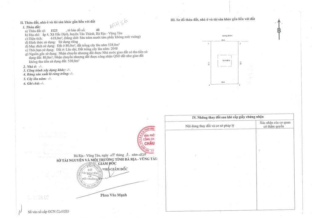 Qsdđ thửa đất số 1432 (1123), tbđ số 56 ((1/2000)40), x. hắc dịch, h. tân thành, tỉnh brvt
