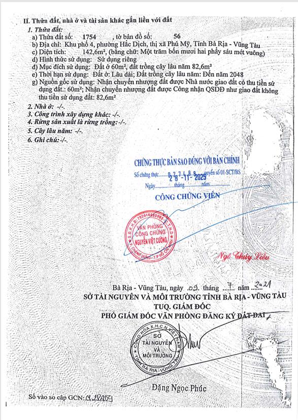 Qsdđ thửa đất số 1754, tbđ 56, khu phố 4, phường hắc dịch, thị xã phú mỹ, tỉnh bà rịa  vũng tàu