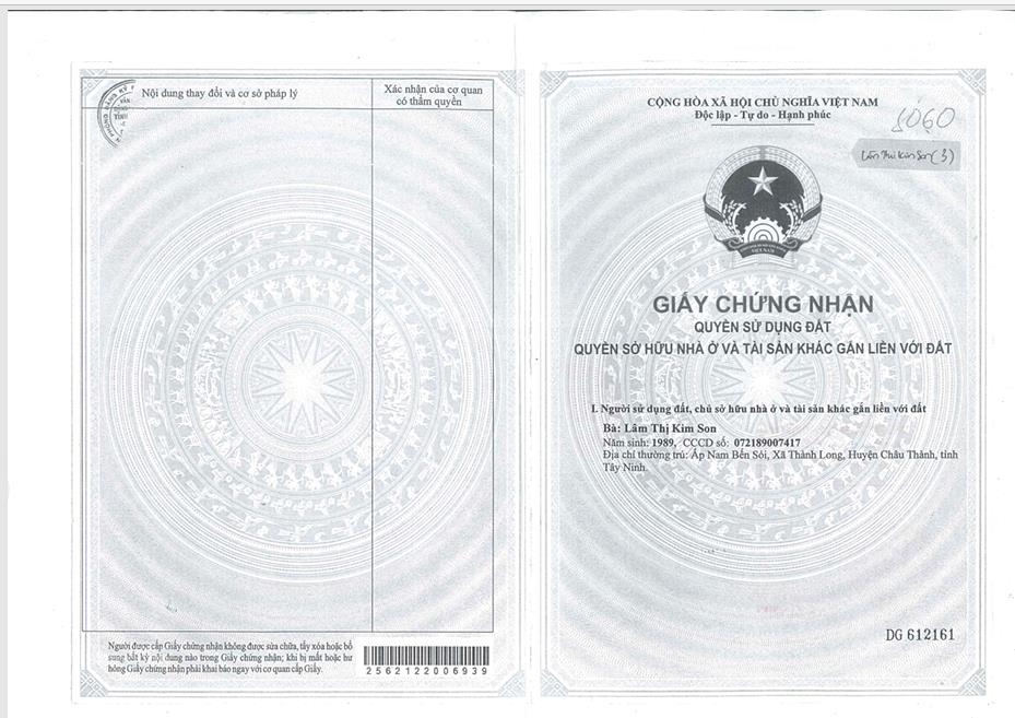 Qsdđ thửa đất số 191, tbđ số 26, ấp thành tân, xã thành long, huyện châu thành, tỉnh tây ninh