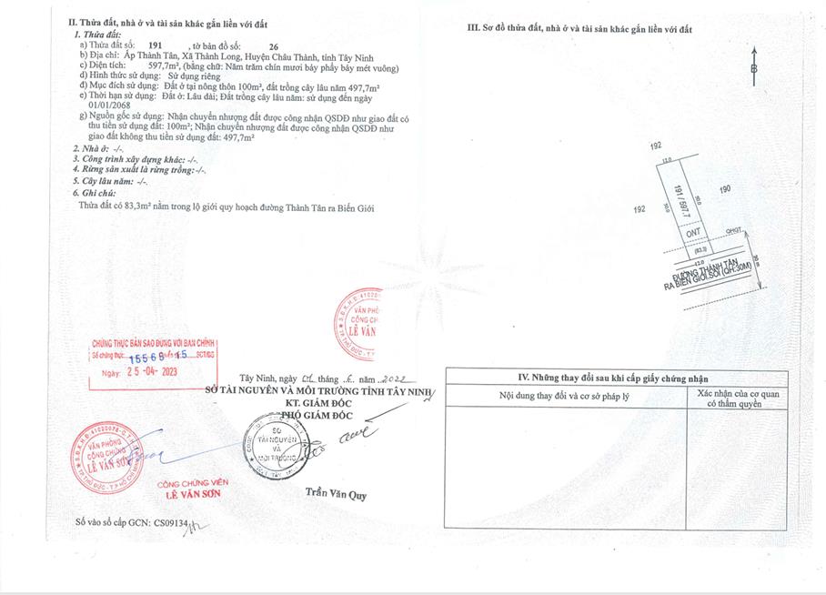Qsdđ thửa đất số 191, tbđ số 26, ấp thành tân, xã thành long, huyện châu thành, tỉnh tây ninh