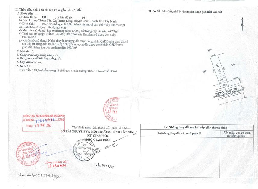 Qsdđ thửa đất số 191, tbđ số 26, ấp thành tân, xã thành long, huyện châu thành, tỉnh tây ninh