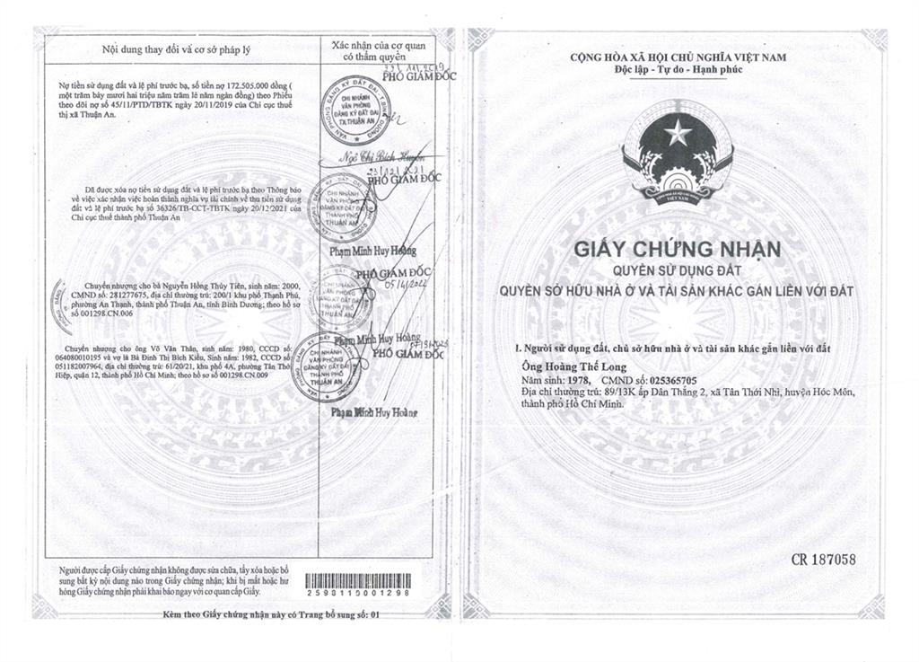 Qsdđ thửa đất số 252, tbđ số 5, địa chỉ ấp phú hưng, xã an sơn, tx thuận an, tỉnh bình dương