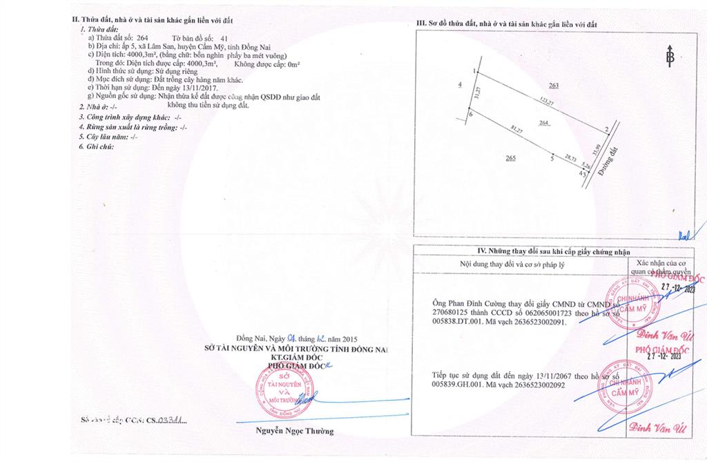 Qsdđ thửa đất số 264, tờ bản đồ số 41, tại địa chỉ ấp 5, xã lâm san, huyện cẩm mỹ, tỉnh đồng nai