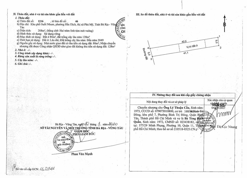 Bán qsdđ thửa đất số 1116, tbđ số 46, phường hắc dịch, thị xã phú mỹ, tỉnh bà rịa vũng  vũng tàu
