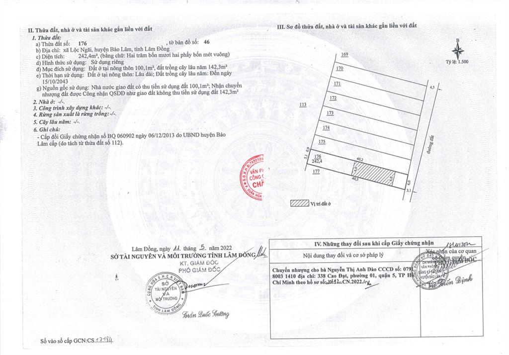 Qsdđ thửa đất số 176, tờ bản đồ số 46, địa chỉ xã lộc ngãi, huyện bảo lâm, tỉnh lâm đồng
