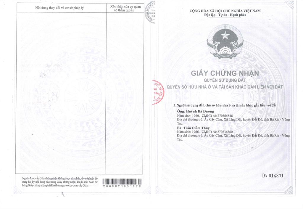 Bán qsdđ thửa đất số 791, tbđ số 12, địa chỉ xã láng dài, tỉnh bà rịa  vũng tàu
