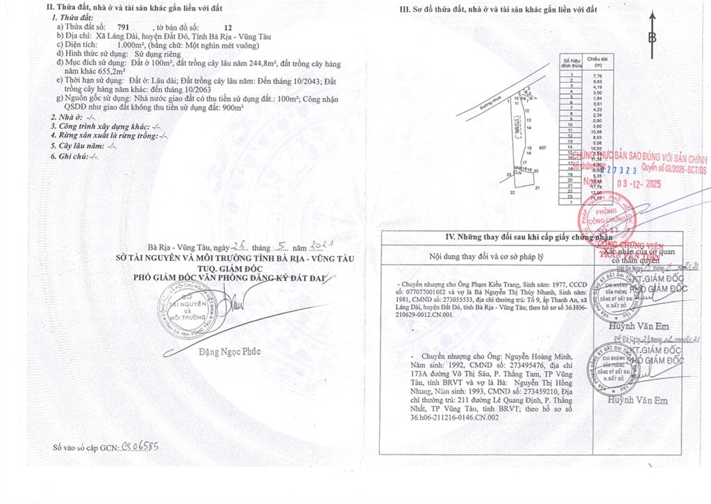 Bán qsdđ thửa đất số 791, tbđ số 12, địa chỉ xã láng dài, tỉnh bà rịa  vũng tàu