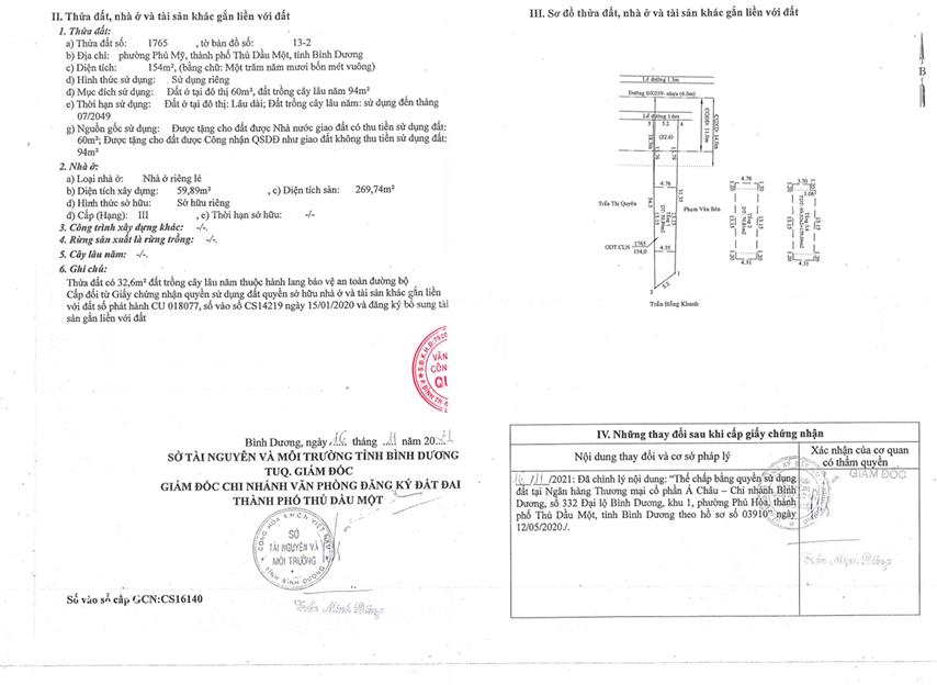 Qsdđ thửa đất số 1765, tbđ 132, địa chỉ phường phú mỹ, thành phố thủ dầu một, tỉnh bình dương