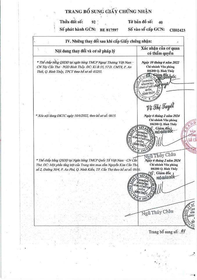 Qsdđ tại thửa đất số 92, tờ bản đồ số 40, nguyễn truyền thanh, bình thủy, bình thủy, tp. cần thơ