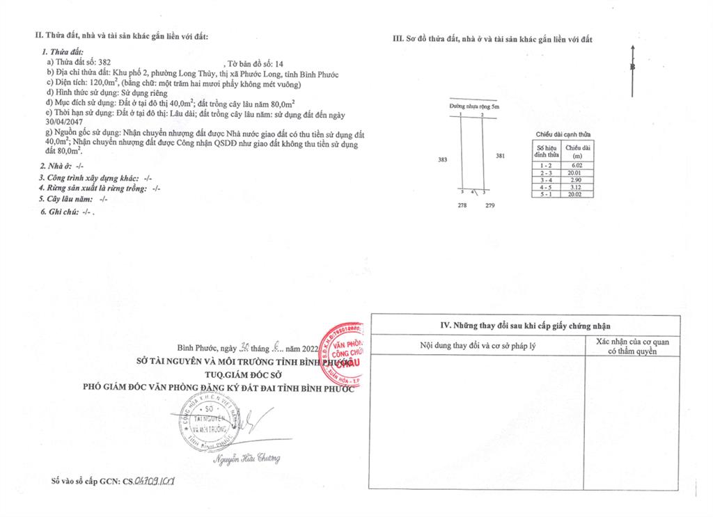 Bán qsdđ tđ số 382, tờ bản đồ số 14, tx. phước long, bình phước (nay là p.phước long, tp.đồng nai)