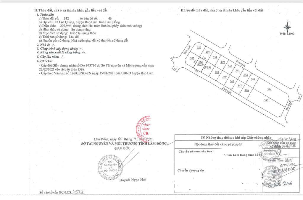 Bán qsdđ thửa đất số 352, tờ bản đồ số 46, xã lộc quảng, h. bảo lâm, tỉnh lâm đồng