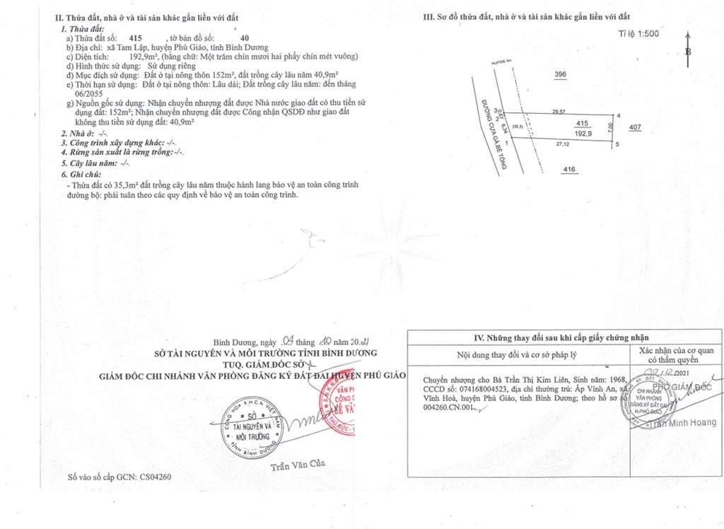 Bán qsdđ thửa đất số 415, tờ bản đồ số 40, địa chỉ xã tam lập, h.phú giáo, tỉnh bình dương