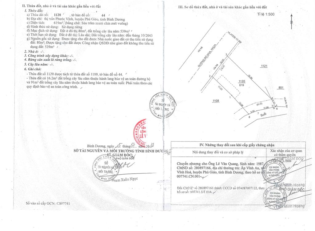 Bán qsdđ thửa đất số 1120, tbđ 44, địa chỉ thị trấn phước vĩnh, h.phú giáo, tỉnh bình dương