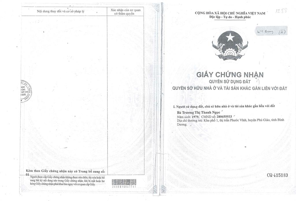 Bán qsdđ thửa đất số 1120, tbđ 44, địa chỉ thị trấn phước vĩnh, h.phú giáo, tỉnh bình dương